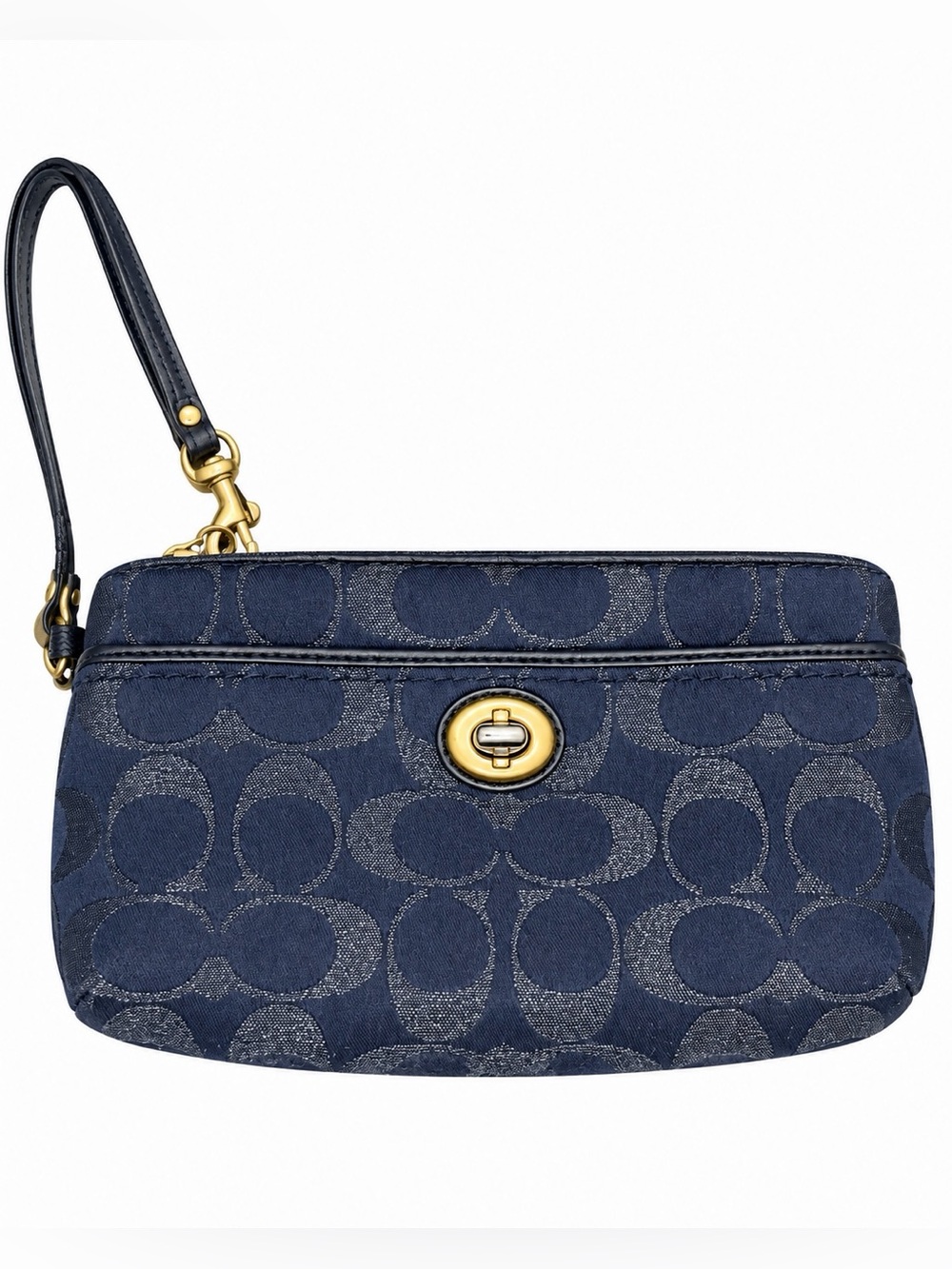 Coach Navy Signature Canvas Wristlet with Gold Turnlock